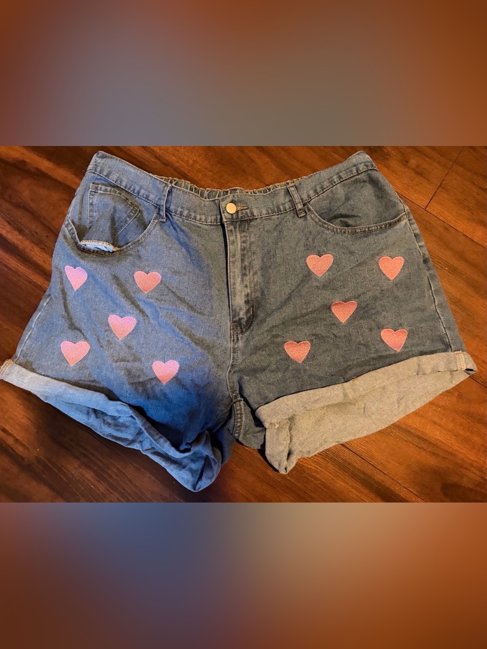 SHEIN Blue Denim High-Waist Shorts with Pink Heart Patches